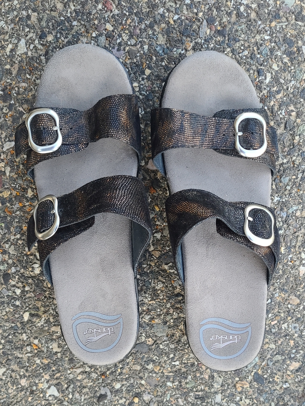 NWOT Dansko Sophie Double-Buckle Slide Sandals in Metalic Black And Gold Python